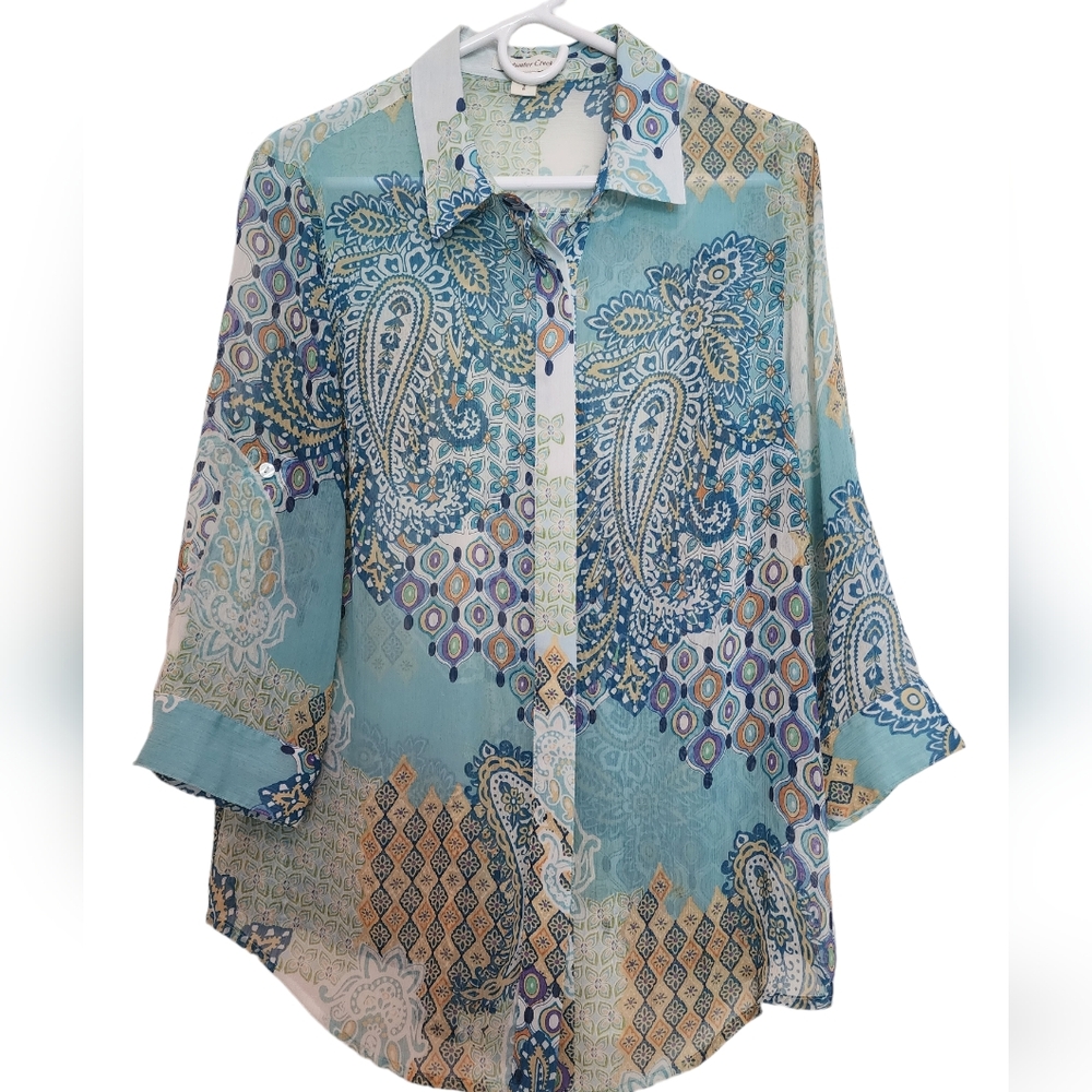 Coldwater Creek Blue print semi sheer paisley blouse roll tab sleeves SZ 8